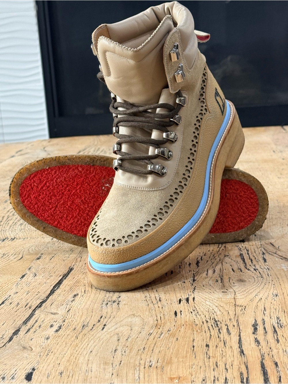 Christian Louboutin Tan Suede Brogue Hiking Boot with Light Blue Welt
